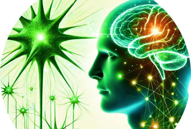 Menschliches Profil mit Gehirn und Neuronen in leuchtendem Grün.