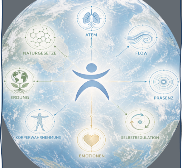 Therapeutic Touch und Energietraining Symbolischer Mensch im Zentrum eines Kreises mit verschiedenen Energie- und Heilungssymbolen.
